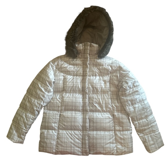 Columbia Omni Shield Jacket Size 1X Beige Plaid Hooded Down Puffer Pockets - Picture 2 of 14